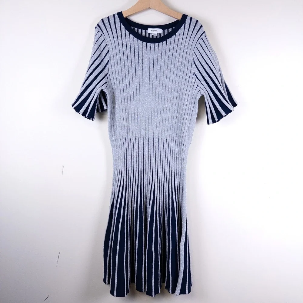 REISS Ribbed‎ Knit Dress Girls 11-12Y Navy Silver Metallic Stripe Skater Dress